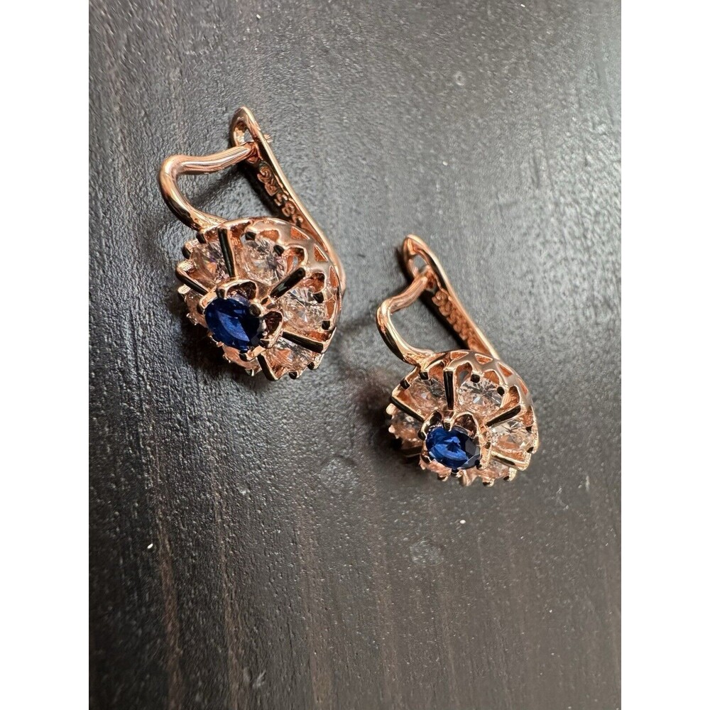 585 14K RG Hallmarked Rolled Gold Natural Zircon Blue Flower Stud Earrings